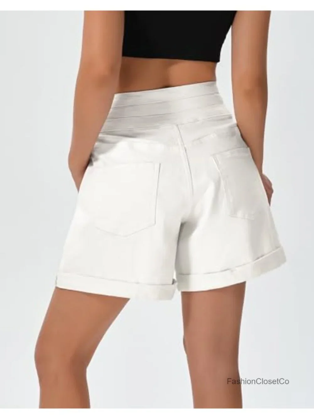 Stretchy High Waisted Wide Leg Cuffed Denim Shorts